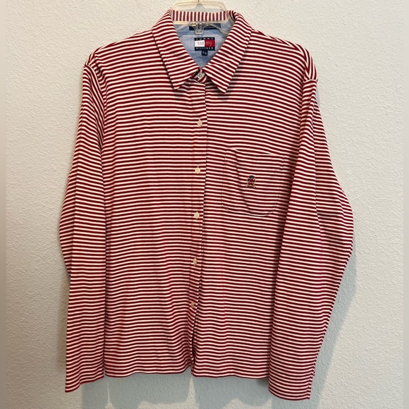 Vintage Tommy Hilfiger Red White Striped Button Down Shirt Jersey Knit Cotton XL - Picture 1 of 8